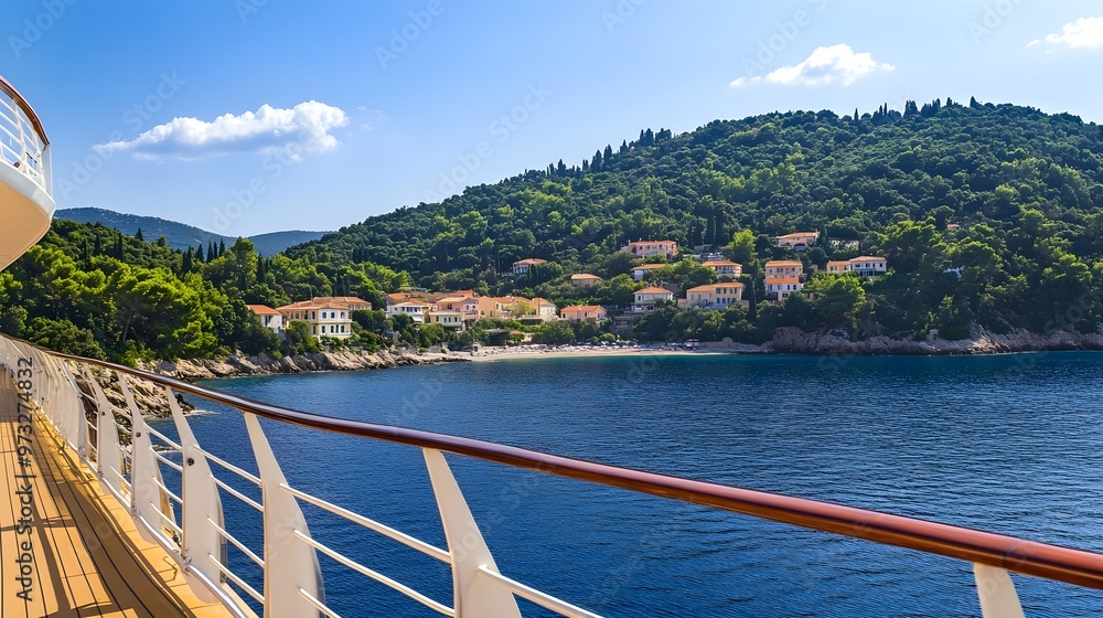 Obraz premium A scenic view from the deck of a Mediterranean cruise, showcasing beautiful coastal towns and lush greenery in the distance
