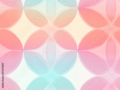A geometric pattern featuring pastel-colored petal-like shapes arranged in a symmetrical design on a light background.