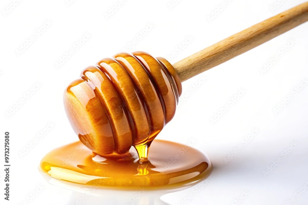 Close-up of golden drizzle of honey on white background Close-up of golden drizzle of honey on white background