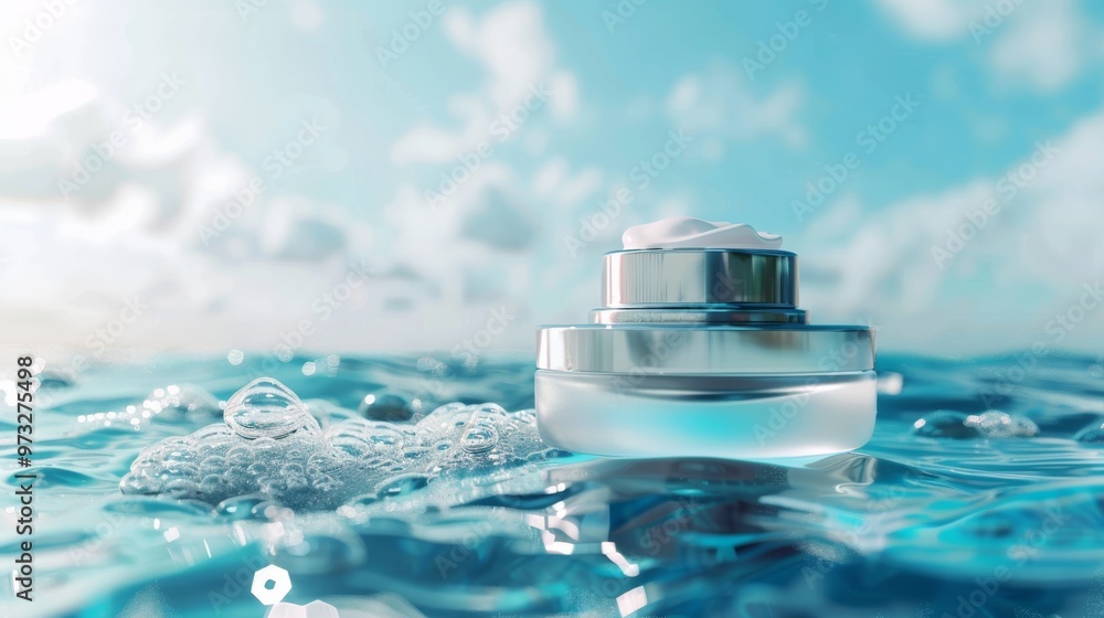 Luxury cosmetic package with skin care cream against blue water background Close-up photo with clean background Luxury cosmetic package with skin care cream against blue water background Close-up photo with clean background