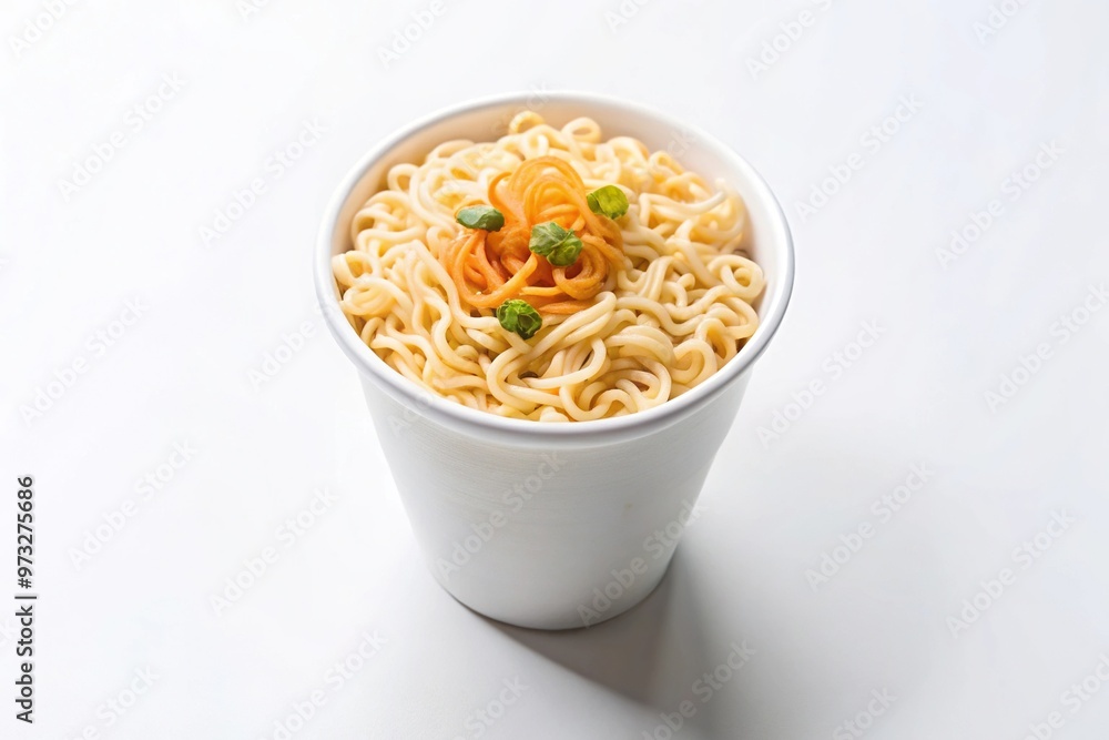 close-up of instant noodles cup on white background. macro close-up of instant noodles cup on white background. macro
