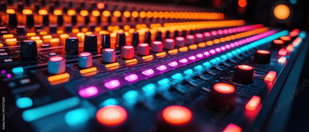 A colorful audio mixing console in a dimly lit studio, glowing with vibrant LED lights A colorful audio mixing console in a dimly lit studio, glowing with vibrant LED lights
