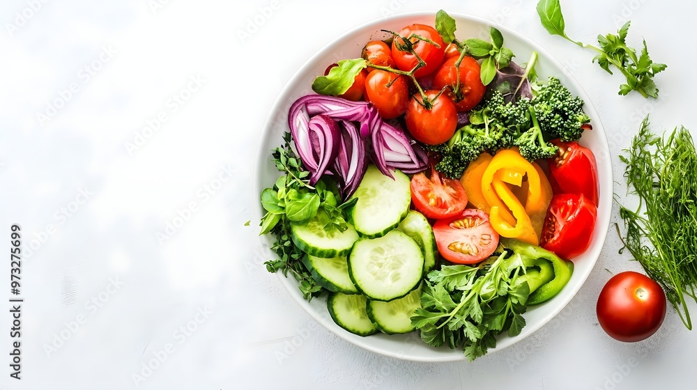 A beautifully arranged plate of colorful fresh vegetables and herbs on a light solid color background A beautifully arranged plate of colorful fresh vegetables and herbs on a light solid color background