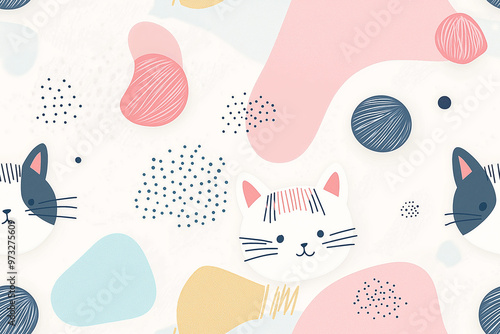 A minimalist seamless pattern with abstract cat faces and yarn balls in soft pink, blue, and beige on a white background. Ideal for cute and stylish designs.