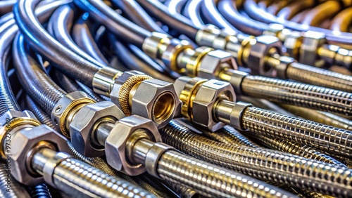 Close-up of hydraulic hoses connected with shallow depth of field