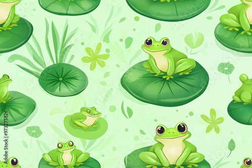 This seamless pattern features adorable green frogs on lily pads, set against a light green background. Ideal for cute, nature-inspired designs.