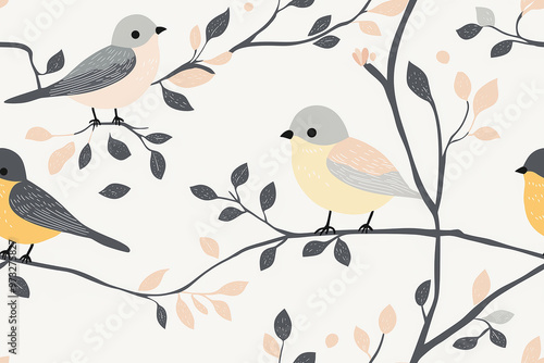 Seamless pattern featuring birds perched on branches with leaves in soft pastel shades. The minimalist and gentle design evokes a sense of calm and nature.