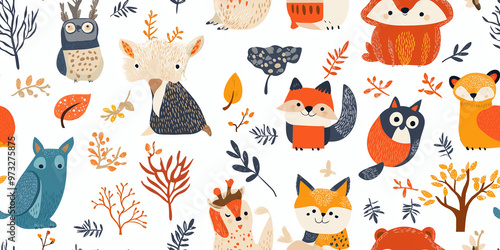 Playful seamless pattern with woodland animals like foxes, owls, and hedgehogs among branches and leaves. Bright colors and whimsical designs create a fun, child-friendly atmosphere.