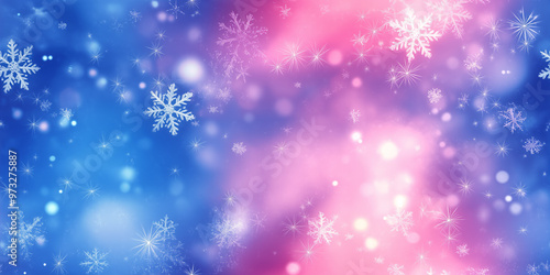 Seamless pattern with blue and pink gradient background featuring white snowflakes, creating a soft and dreamy winter atmosphere.