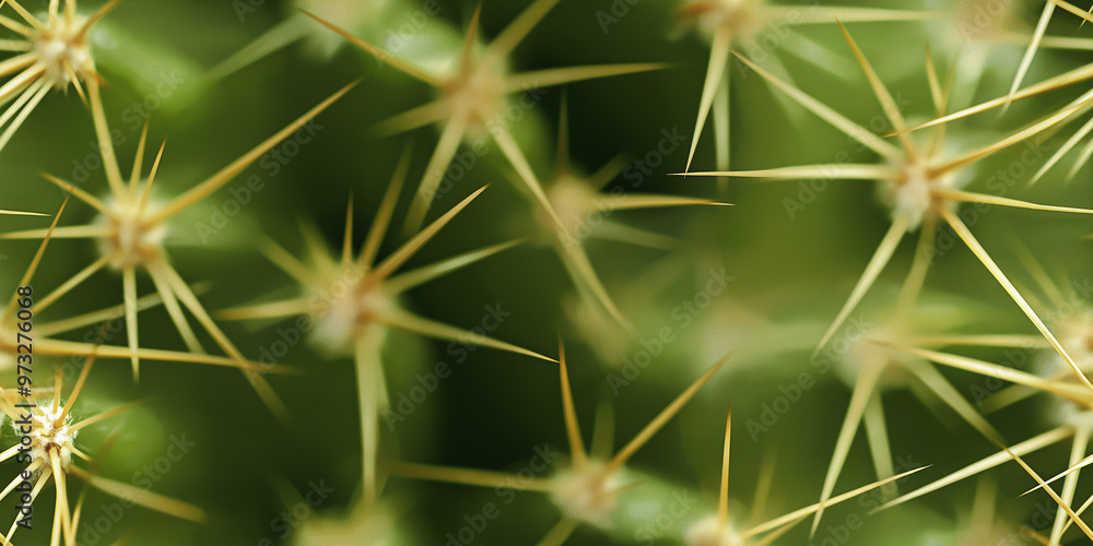 Close-up view of cactus spines arranged in a pattern, focusing on the sharp yellowish thorns against a blurred green background. Close-up view of cactus spines arranged in a pattern, focusing on the sharp yellowish thorns against a blurred green background.