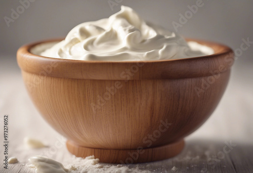 Sour cream in wooden bowl mayonnaise yogurt