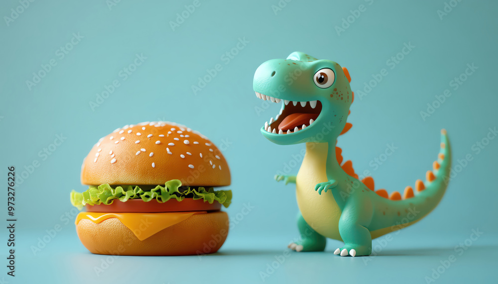 Naklejka premium Cute cartoon dinosaur excitedly looking at a burger, light blue background