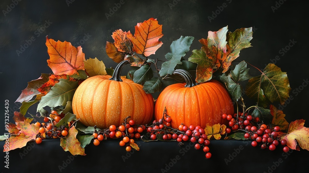 Festive autumn harvest arrangement with pumpkins, leaves, and berries on a dark background Festive autumn harvest arrangement with pumpkins, leaves, and berries on a dark background