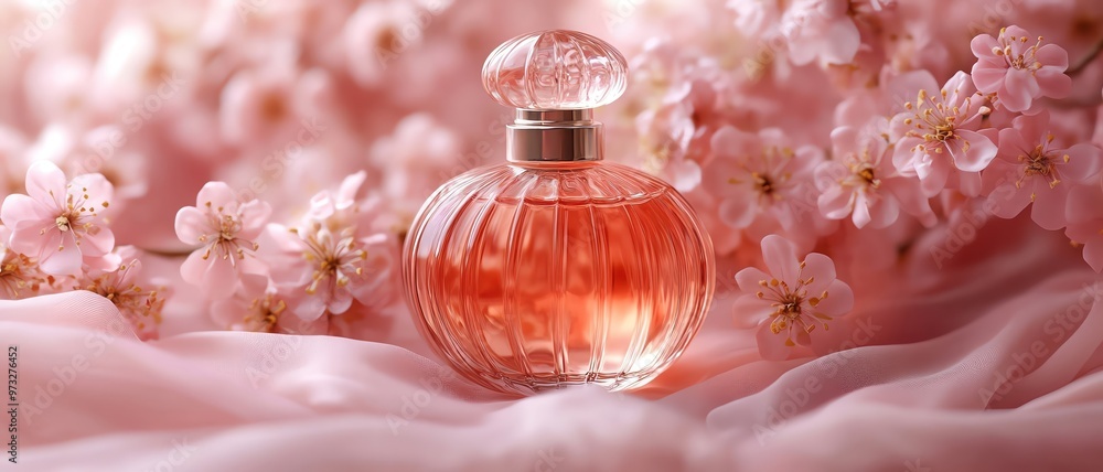 Elegant perfume bottle surrounded by soft pink flowers, pastel draped fabric Elegant perfume bottle surrounded by soft pink flowers, pastel draped fabric