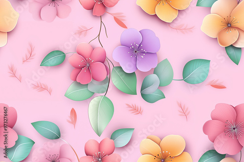 Delicate floral pattern with pastel pink, purple, and orange flowers on a soft pink background, creating a gentle, romantic feel.