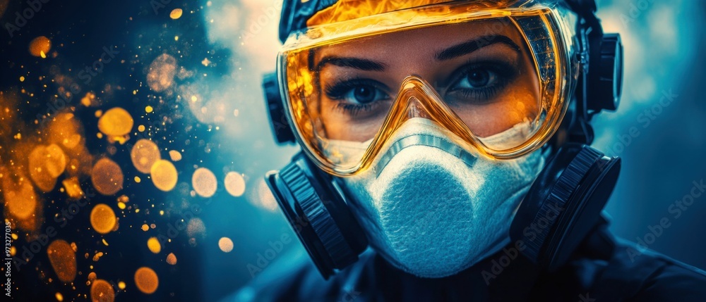 Woman in Protective Suit and Mask with Focus on Eyes in Dramatic Lighting Woman in Protective Suit and Mask with Focus on Eyes in Dramatic Lighting