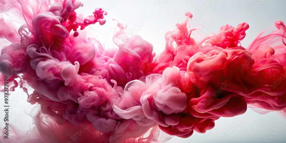 Close-up of pink and red ink dropped in water with white background Close-up of pink and red ink dropped in water with white background