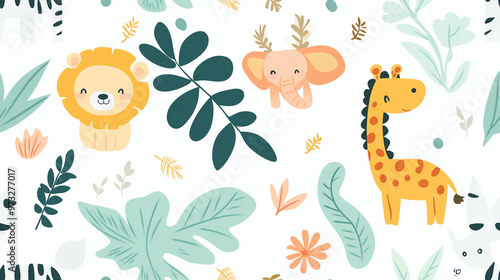 Delightful pattern with jungle animals and green leaves on a white background, radiating a friendly and playful vibe, ideal for children’s designs or nature themes.