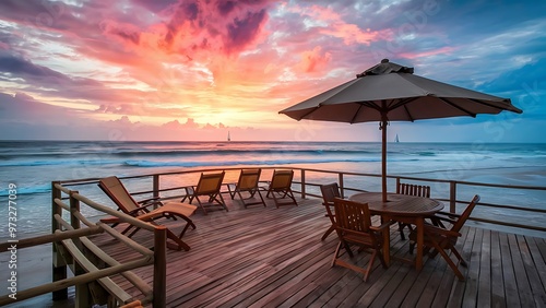 Wood terrace on the beach and sun light