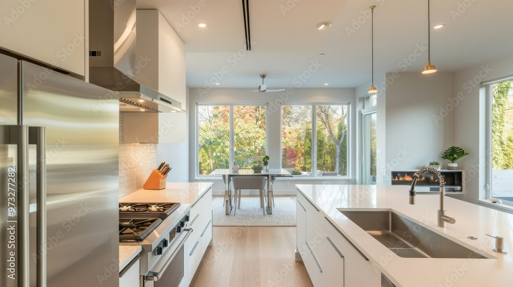 Minimalist kitchen interior with white cabinets, a sleek electric cooktop, and a stainless steel refrigerator. Minimalist kitchen interior with white cabinets, a sleek electric cooktop, and a stainless steel refrigerator.