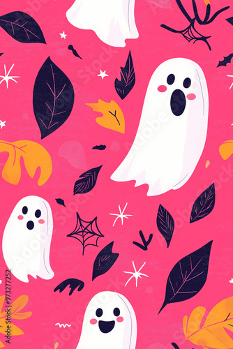 A vibrant Halloween seamless pattern featuring cute white ghosts, autumn leaves, and small stars on a bright pink background, perfect for festive designs.