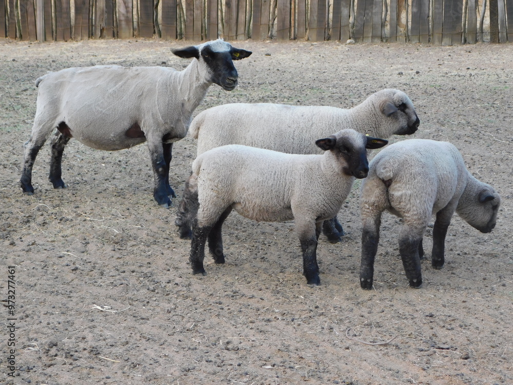 A Hampshire Down Ewe with Three Lambs standing on a dull dried out grass field with the predominant colour of the photo being grey A Hampshire Down Ewe with Three Lambs standing on a dull dried out grass field with the predominant colour of the photo being grey