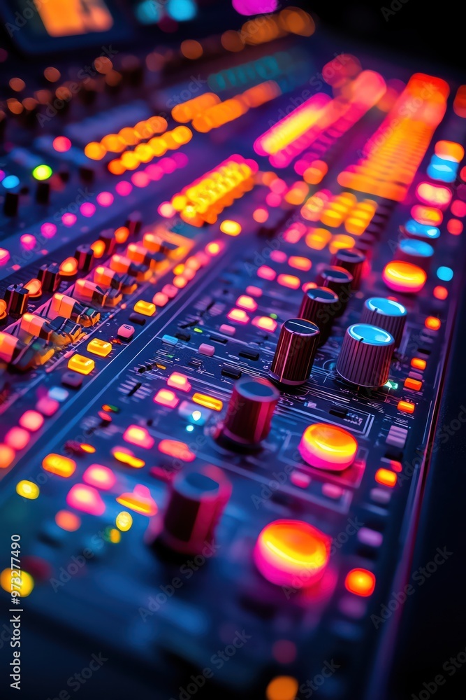 Vibrant audio mixing board with glowing lights, closeup in a studio Vibrant audio mixing board with glowing lights, closeup in a studio