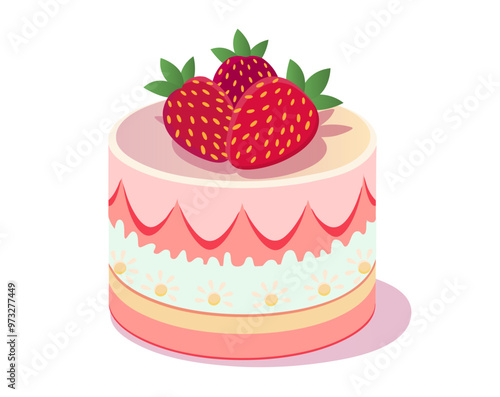 Elegant  cake with fresh strawberries and flowers pink color