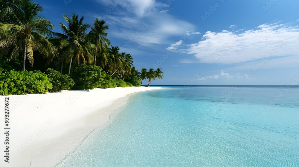 Fototapeta premium A serene beach resort with white sand and turquoise waters, surrounded by palm trees, ideal for relaxation