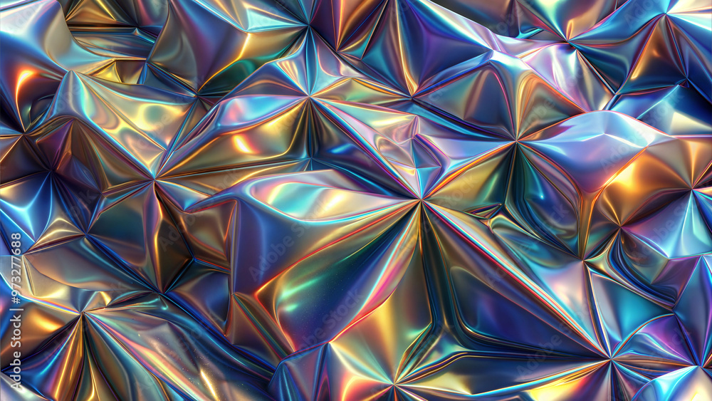 Iridescent crumpled foil texture with colorful reflections and dazzling patterns Iridescent crumpled foil texture with colorful reflections and dazzling patterns