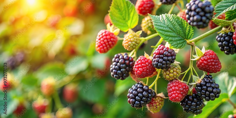 Close-Up of ripe and unripe blackberries growing on a bush in the garden Close-Up of ripe and unripe blackberries growing on a bush in the garden
