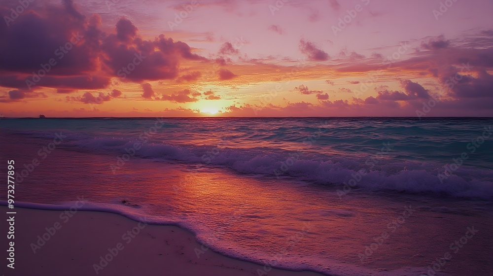 Obraz premium A vibrant sunset over the Caribbean coast, with gentle waves lapping at the shore, creating a serene atmosphere