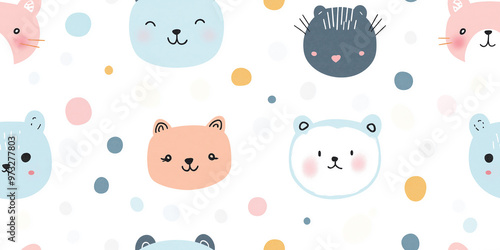 Seamless pattern featuring cute animal faces in pastel colors with polka dots, ideal for children's designs, textiles, and wallpapers. The soft tones include blue, pink, and yellow.