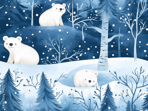 A winter-themed seamless pattern with cute polar bears, snow-covered trees, and a snowy landscape in cool blue tones, evoking a cozy seasonal feel.