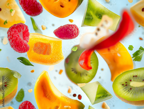 Fresh seamless pattern with floating fruits and splashes on a light background. Ideal for summer themes, refreshing decor, or lively textile patterns.