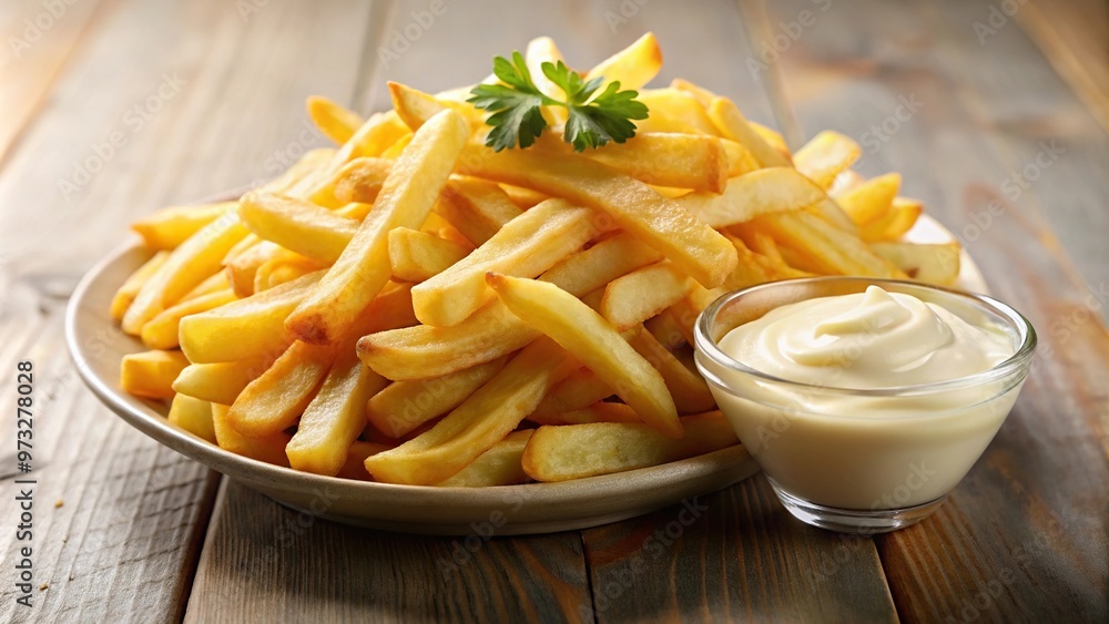 Close-up of salted French fries with mayonnaise on a white plate Close-up of salted French fries with mayonnaise on a white plate