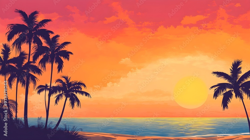 A tropical beach scene with palm trees silhouetted against a vibrant orange and pink sky, inviting tranquility A tropical beach scene with palm trees silhouetted against a vibrant orange and pink sky, inviting tranquility
