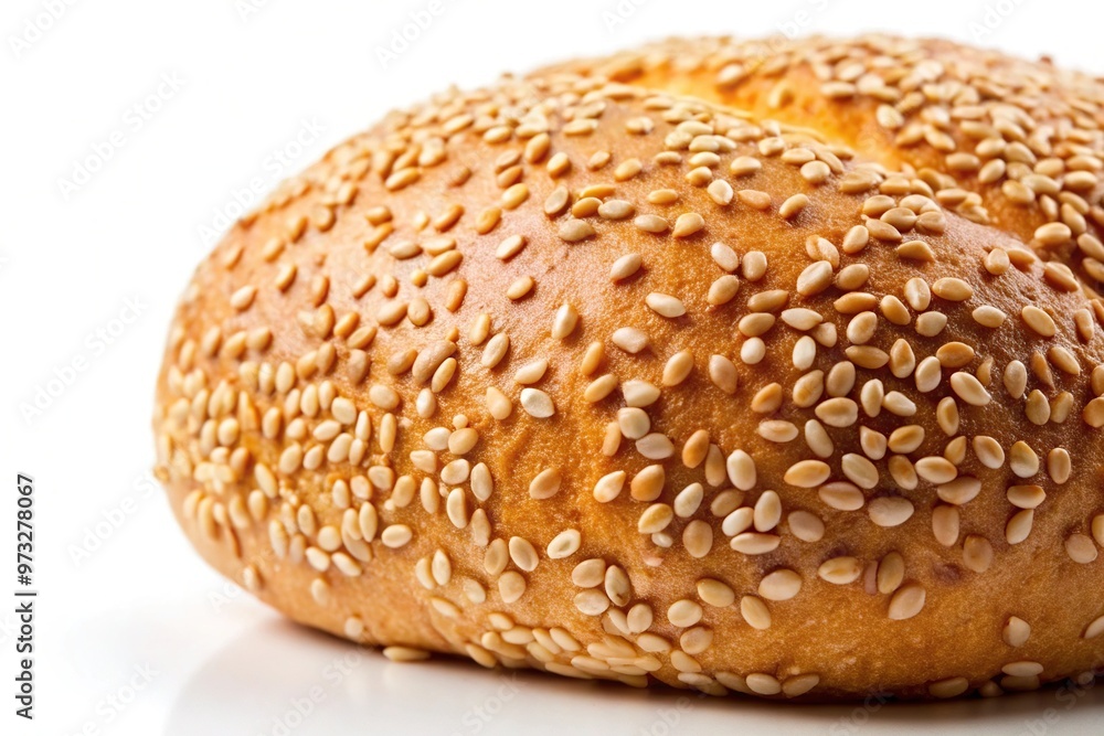 Close-up of sesame seeds on a loaf of bread against a white background Close-up of sesame seeds on a loaf of bread against a white background