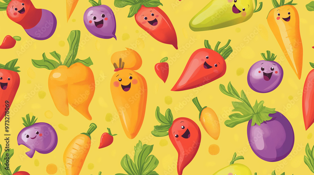 Cute seamless pattern featuring smiling vegetables like carrots, eggplants, and radishes on a bright yellow background. Perfect for playful and kids' projects. Cute seamless pattern featuring smiling vegetables like carrots, eggplants, and radishes on a bright yellow background. Perfect for playful and kids' projects.