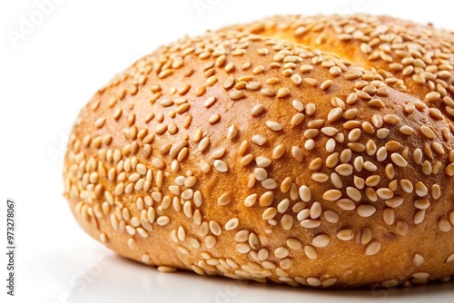 Close-up of sesame seeds on a loaf of bread against a white background