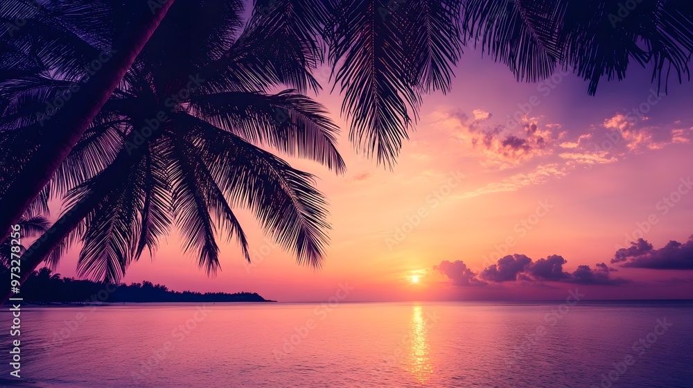 Obraz premium A vibrant sunset over a tropical island, with silhouettes of palm trees and a tranquil ocean, creating a peaceful ambiance on a light solid color background