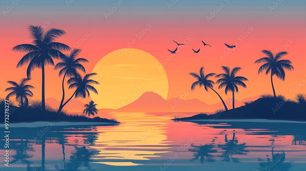 A vibrant sunset over a tropical island, with silhouettes of palm trees and a tranquil ocean, creating a peaceful ambiance on a light solid color background A vibrant sunset over a tropical island, with silhouettes of palm trees and a tranquil ocean, creating a peaceful ambiance on a light solid color background