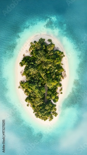 An aerial view of a secluded tropical island surrounded by turquoise waters, showcasing the lush greenery and sandy beaches, set against a light solid color background