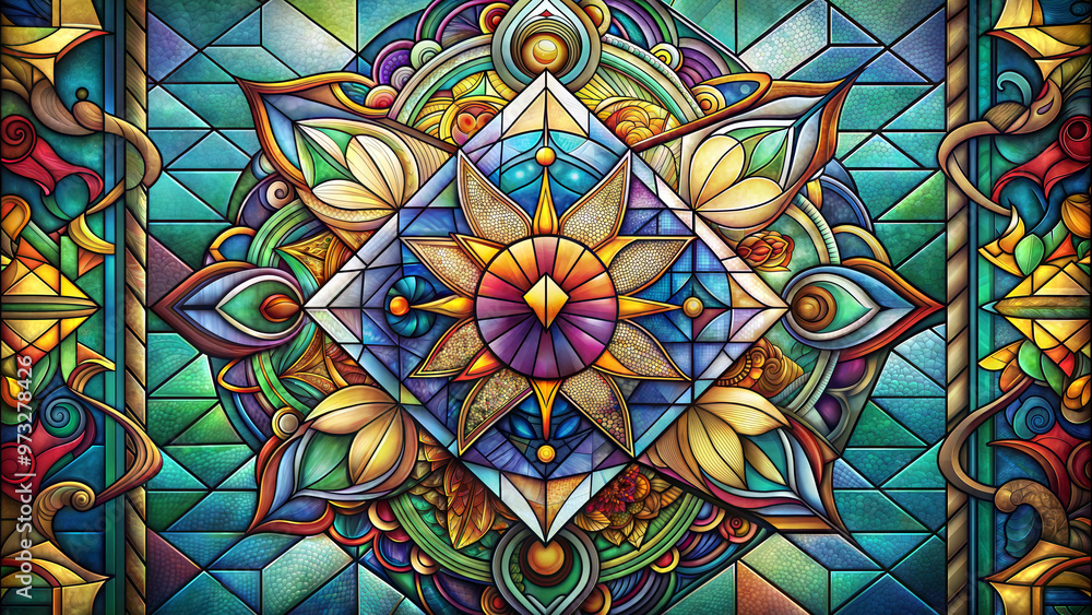 Intricate stained glass window design featuring a geometric floral mandala
