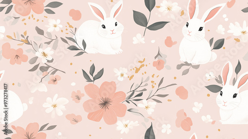 Charming seamless pattern with white rabbits and flowers on a pink background, creating a playful and sweet design. Ideal for children's textiles, wallpapers, and nursery decor.