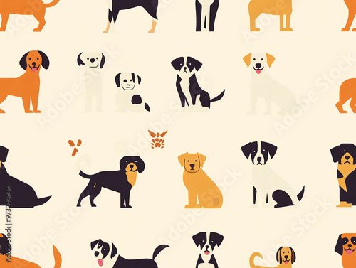 Seamless pattern of various dog breeds in a flat design on a light background. Ideal for pet-related projects, wallpapers, and playful designs.
