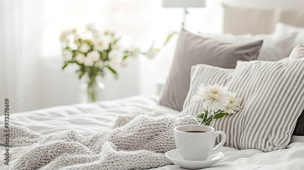 Tranquil white bedroom sanctuary features a king-size bed adorned with gray linens. A warm cup of coffee sits invitingly on the bed, while a striped throw Tranquil white bedroom sanctuary features a king-size bed adorned with gray linens. A warm cup of coffee sits invitingly on the bed, while a striped throw