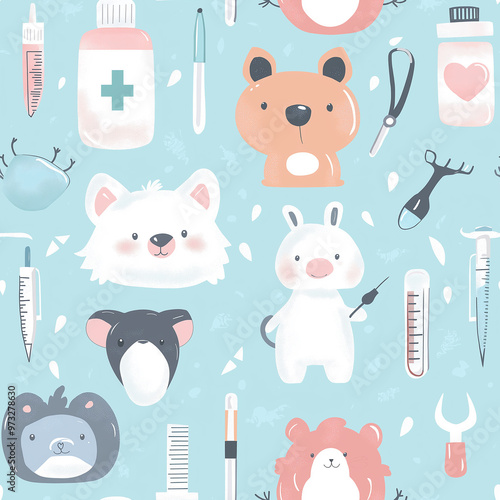 Adorable animal-themed seamless pattern with cute medical elements, including syringes, pills, and thermometers, set on a light blue background with soft pastel colors.