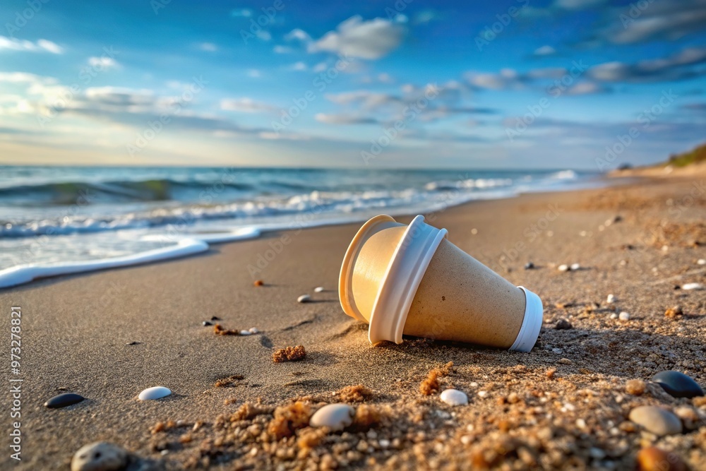 Close-Up of used paper coffee mug left on the coastal strip Close-Up of used paper coffee mug left on the coastal strip