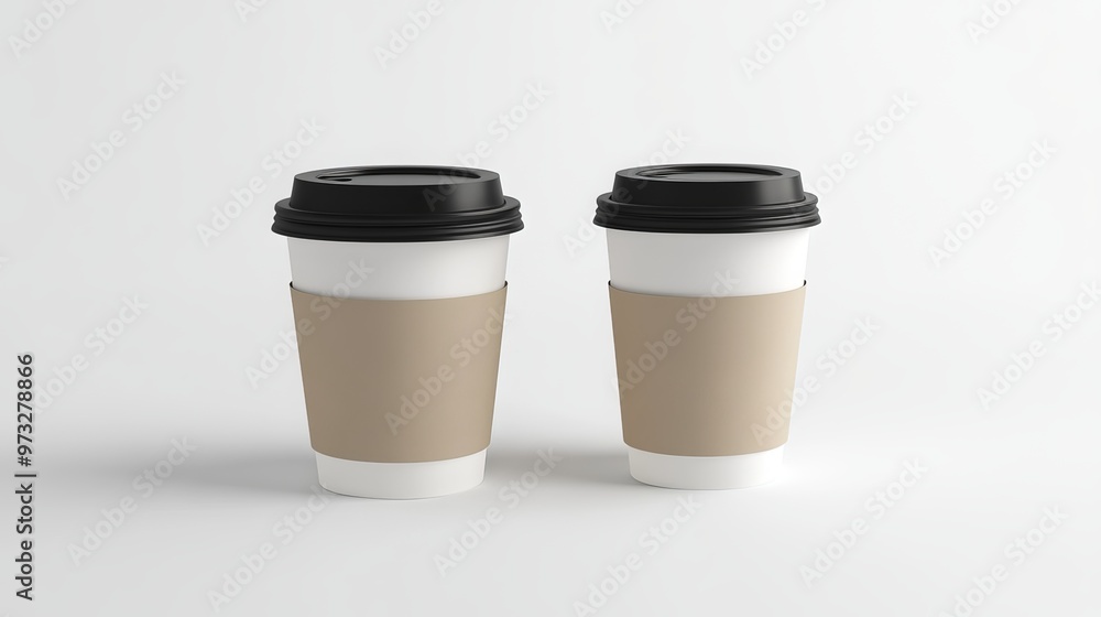 Two empty coffee cups with plastic lid covers, presented as a mockup template. Rendered in 3D. Two empty coffee cups with plastic lid covers, presented as a mockup template. Rendered in 3D.